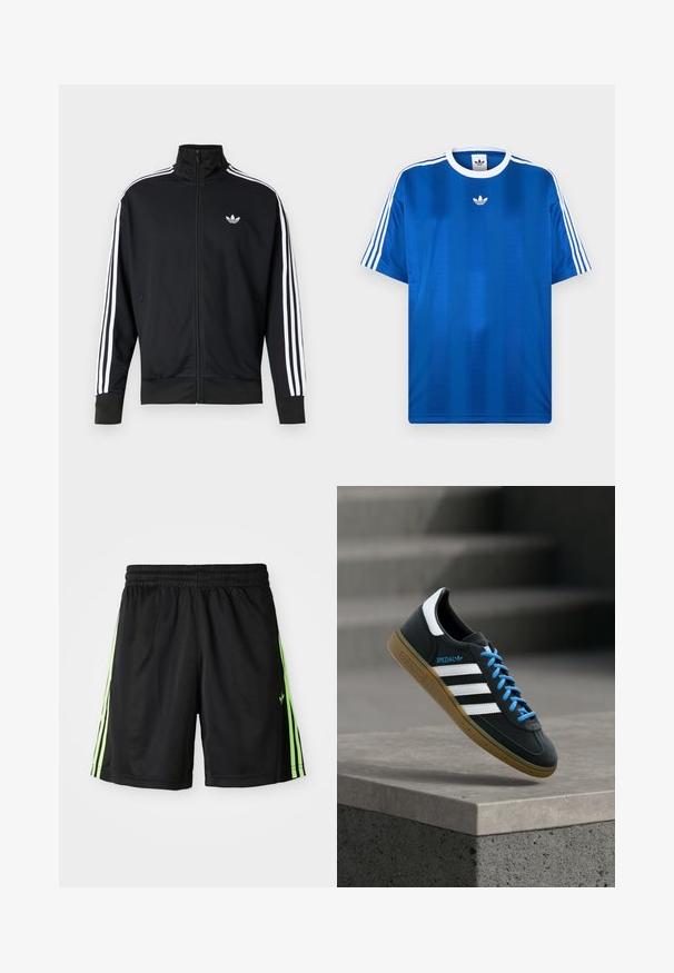 Mustast võrgukangast tõmblukuga jope, millel on valged triibud varrukatel ja väike valge logo rinnal.; Kuninglik sinine spordisärk, valmistatud siledast kangast, mille varrukatel on valged triibud ja rinnal väike valge logo.; Mustad mustad lühikesed püksid elastse vöökohaga, millel on iga külje peal kaks vertikaalset neoonrohelist triipu ja ees vasakul väike logo.; Must Adidas toss valgete triibu, siniste paelte ja kummist tallaga, hõljuv pehme valgusega halli betoonastme kohal.