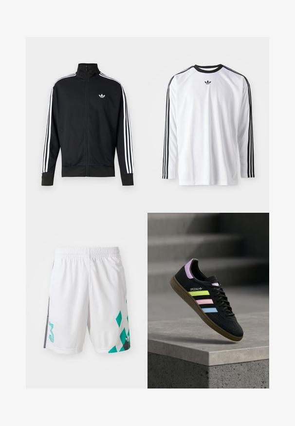 Čierna bunda na zips z materiálu sieťoviny, so bielymi pruhmi na rukávoch a malým bielym logom na hrudi.; Biely dlhý rukáv košele vyrobený z mäkkého materiálu s čiernymi akcentmi, s tromi čiernymi pruhmi pozdĺž rukávov a malým čiernym logom.; Biele športové šortky s elastickým pásom, zdobené teal geometrickým vzorom a čiernymi akcentmi na stranách. Obsahujú veľké číslo "3".; Čierna teniska Adidas Spezial s pastelovo žltými, ružovými a modrými pruhmi, levanduľovým jazýčkom na päte a hnedou podrážkou, vznášajúca sa nad betónovou hranou.