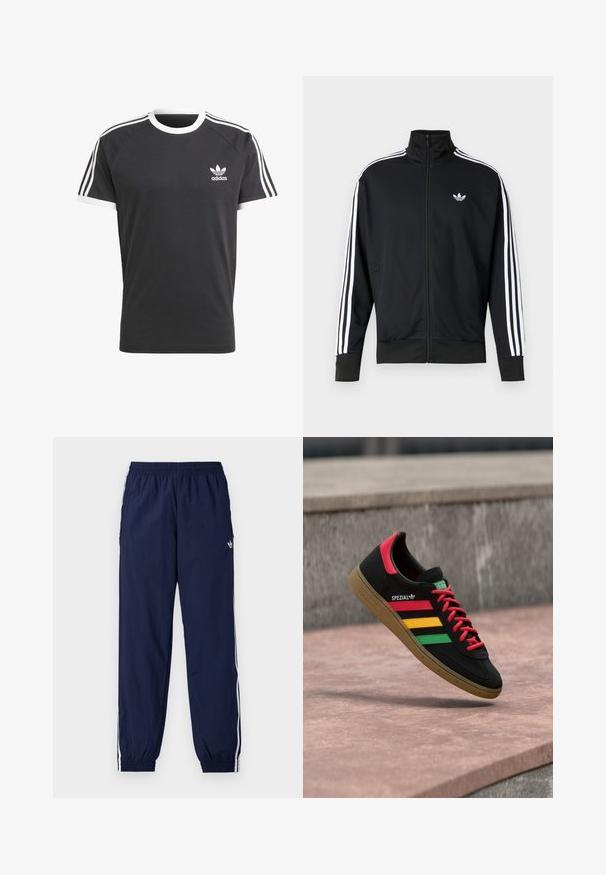 Chaqueta negra con cremallera hecha de tela de malla, con rayas blancas en las mangas y un pequeño logo blanco en el pecho.; Camiseta negra con cuello y ribetes de las mangas en blanco, que presenta tres franjas horizontales blancas en cada hombro y un pequeño logo de Adidas en blanco.; Pantalones de chándal azul marino hechos de tela ligera, con franjas blancas a los lados, cintura elástica y un pequeño logo.; Zapatilla Adidas Spezial negra con rayas rojas, amarillas y verdes, cordones rojos, suela de goma y detalle rojo en el talón, mostrada flotando sobre el pavimento.