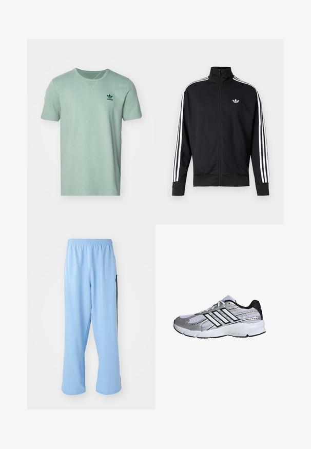 Čierna bunda na zips z materiálu sieťoviny, so bielymi pruhmi na rukávoch a malým bielym logom na hrudi.; Krátky rukáv, mätovo zelené tričko s textúrovaným vzorom, okrúhly výstrih a tmavozelené logo adidas na ľavej hrudi.; Svetlo modré športové nohavice vyrobené z hladkej látky, s elastickým pásom a kontrastnými čiernymi bočnými pruhmi.; Mriežkovaná športová obuv v bielej a striebornej farbe, s čiernymi detailmi, logom troch bielych pruhov, polstrovaným golierom a textúrovanou gumovou podrážkou.