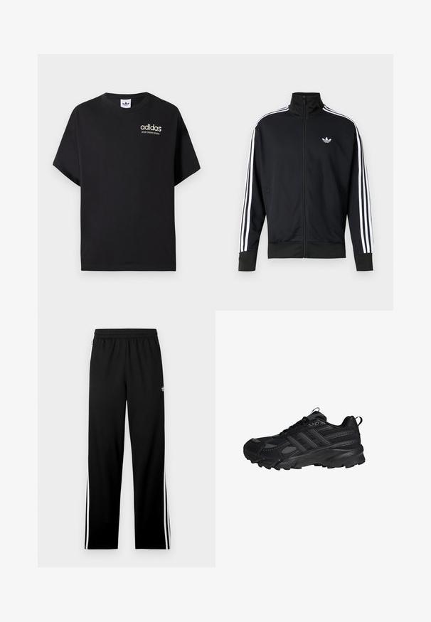 Chaqueta negra con cremallera hecha de tela de malla, con rayas blancas en las mangas y un pequeño logo blanco en el pecho.; Camiseta de algodón negra con mangas cortas, con cuello redondo y logo blanco de Adidas con "SPORT DESIGN STUDIO" en dorado. Textura suave.; Pantalones deportivos negros de tela de malla, con un diseño de corte recto, cinturilla elástica y rayas laterales blancas. Se muestra un logo deportivo.; Zapatilla deportiva negra con cordones delanteros, suela texturizada y cuello acolchado, vista desde el lateral sobre un fondo blanco.