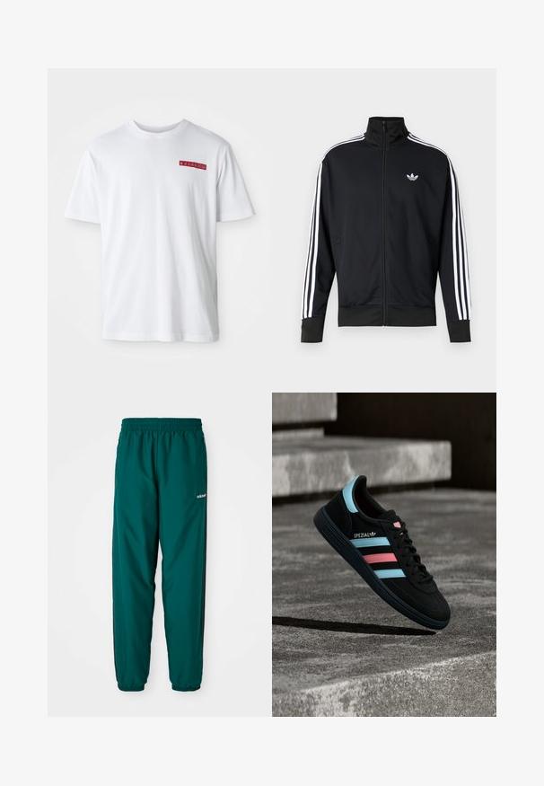 Sort lynlåstrøje lavet af meshstof, med hvide striber på ærmerne og et lille hvidt logo på brystet.; Hvid bomulds t-shirt med rund hals, korte ærmer og en lille rød grafisk detalje på venstre brystområde.; Grønne atletiske bukser lavet af letvægtsstof, med elastisk talje, sidelommer og sorte sidelister. Adidas-logoet er synligt.; Sort Adidas Spezial sneaker med blå og pink striber, svævende over en tekstureret grå betonoverflade med skygge nedenunder.