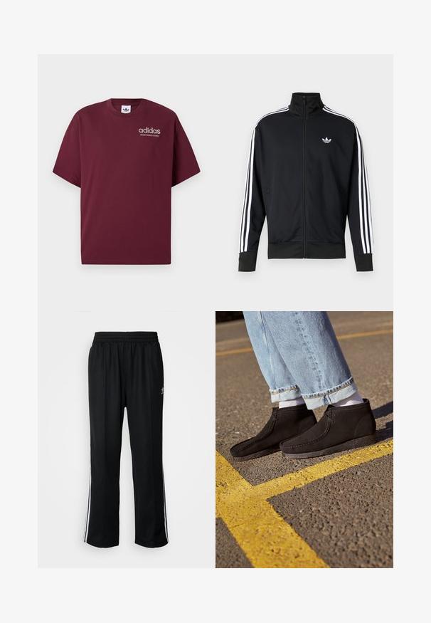 Chaqueta negra con cremallera hecha de tela de malla, con rayas blancas en las mangas y un pequeño logo blanco en el pecho.; Camiseta de manga corta burdeos hecha de algodón. Presenta un cuello redondo y un pequeño logo blanco de "adidas" con "SPORT DESIGN STUDIO" debajo.; Pantalones deportivos negros con cintura elástica, que presentan rayas laterales blancas y un pequeño logotipo. El material parece suave y ligero.; Botas de tobillo de ante negro con textura suave, punta redondeada y detalles de costura. Combinadas con jeans azul claro con dobladillo y calcetines blancos.