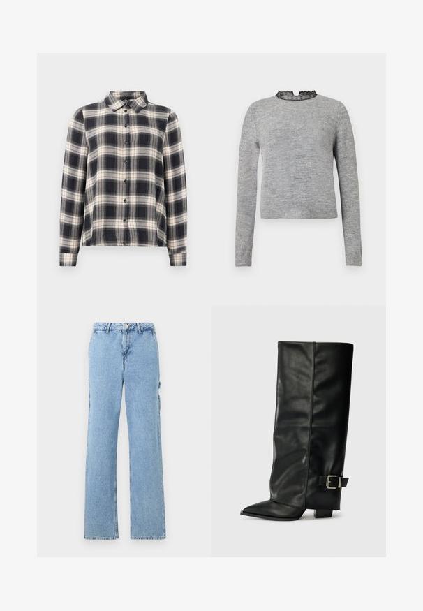 Grå sweater med lange ærmer, en rund halsudskæring pyntet med sort blonder, og en ribbede kant, fremstillet i et blødt og tekstureret stof.; Langærmet ternet skjorte i navy, hvid og beige. Har standard krave, knaplukning fortil og blødt stof med ternet mønster.; Lyseblå denim cargo bukser med lige ben-design, der har sidelommer og kontraststing. Klassisk fem-lomme stil.; Sorte læder ankelstøvler i ankellængde med spids tå, glat tekstur og en sølvspændeaccents på siden. Kraftig firkantet hæl.