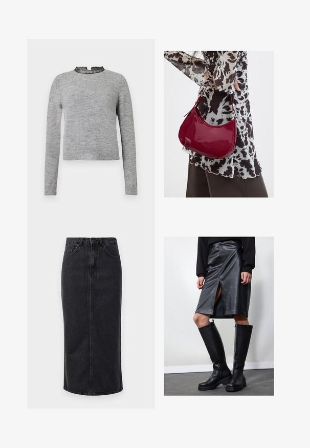 Grauer Pullover mit langen Ärmeln, einem runden Ausschnitt, der mit schwarzer Spitze akzentuiert ist, und einem gerippten Saum, hergestellt aus einem weichen und strukturierten Stoff.; Schwarzer Denim-Midirock mit geradem Schnitt, Fünf-Taschen-Design und Knopfverschluss. Verfügt über einen rohen Saum und dezente, ausgebleichte Textur.; Schwarzer Leder-Bleistiftrock mit Frontschlitz, kombiniert mit kniehohen schwarzen Stiefeln mit Reißverschlüssen und einer derben Sohle für zusätzlichen Halt.; Frau trägt eine schwarz-weiß gemusterte Bluse und hält eine glänzende rote Schultertasche vor einem einfarbigen Hintergrund.