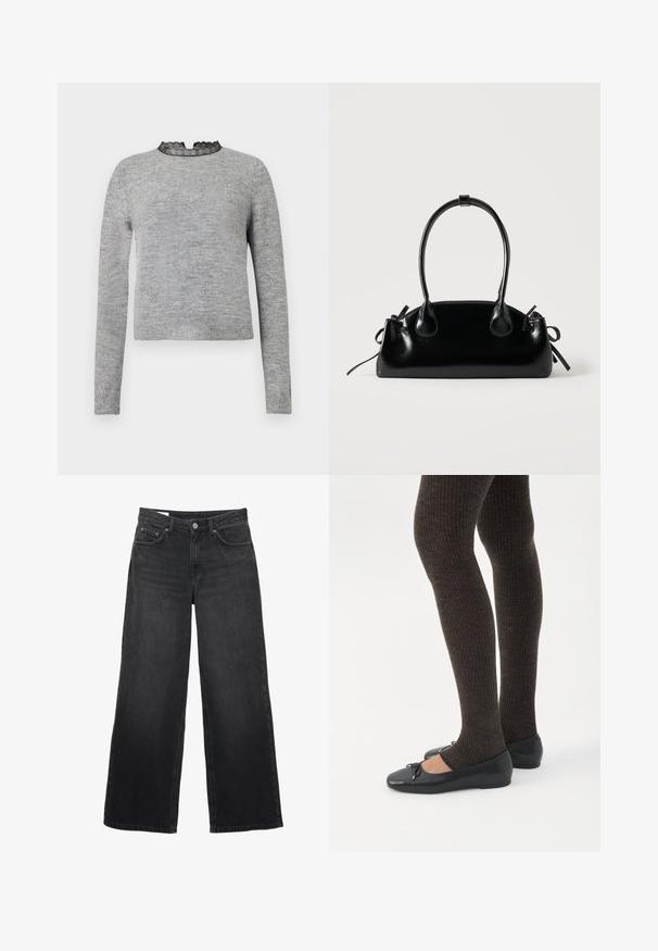 Pull gris à manches longues, avec un col rond accentué par de la dentelle noire, et un ourlet côtelé, fabriqué dans un tissu doux et texturé.; Jean noir à jambes larges avec taille haute, fermeture à boutons et fermeture éclair à l'avant, passants pour ceinture et conception à cinq poches.; Jambes portant des leggings côtelés foncés associés à des ballerines noires avec de petits détails en nœud sur fond blanc.; Petit sac à main noir brillant avec deux longues anses et des détails à cordon sur les côtés sur un fond clair uni.