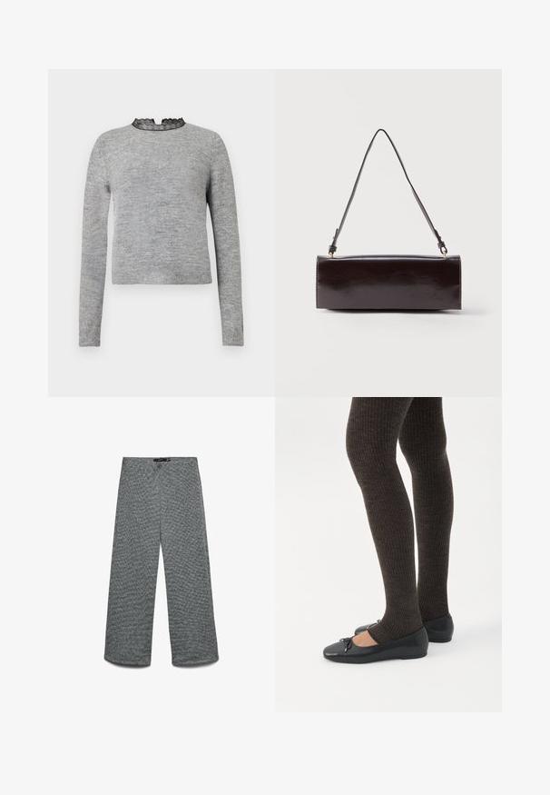 Grå sweater med lange ærmer, en rund halsudskæring pyntet med sort blonder, og en ribbede kant, fremstillet i et blødt og tekstureret stof.; Bukser med vide ben i et tekstureret gråt strikket stof. Har en høj talje og lige ben, hvilket giver en afslappet pasform hele vejen.; Ben iført mørke ribbede leggings kombineret med sorte balletsko med små sløjfedetaljer på hvid baggrund.; Rektangulær sort læderhåndtaske med en enkelt lang rem og blank finish, vist mod en ensfarvet hvid baggrund.
