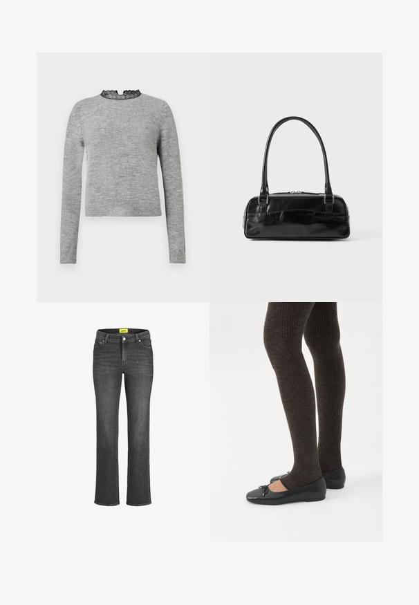 Suéter gris de manga larga, con un escote redondo adornado con encaje negro y un dobladillo acanalado, que presenta un tejido suave y texturizado.; Jeans de denim gris oscuro con diseño de pierna recta, estilo de cinco bolsillos y etiqueta de marca amarilla en la cinturilla. Cierre de botón metálico.; Piernas con leggings oscuros acanalados combinados con bailarinas negras que presentan pequeños detalles de lazo sobre un fondo blanco.; Bolso de mano de cuero negro con forma rectangular, equipado con un asa estructurada, herrajes en plata y cierre de cremallera. Textura suave.