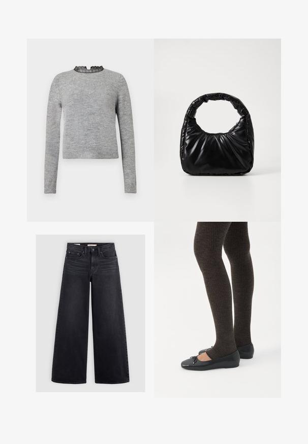 Grå sweater med lange ærmer, en rund halsudskæring pyntet med sort blonder, og en ribbede kant, fremstillet i et blødt og tekstureret stof.; Bredbenede sorte jeans lavet af denim, med høj talje, fem lomme-design og subtilt slid langs forsiden.; Ben iført mørke ribbede leggings kombineret med sorte balletsko med små sløjfedetaljer på hvid baggrund.; Sort polstret håndtaske med et rundt håndtag, der har en glat, skinnende overflade og en blød, kviltet tekstur. Ingen synlige hardware eller accenter.