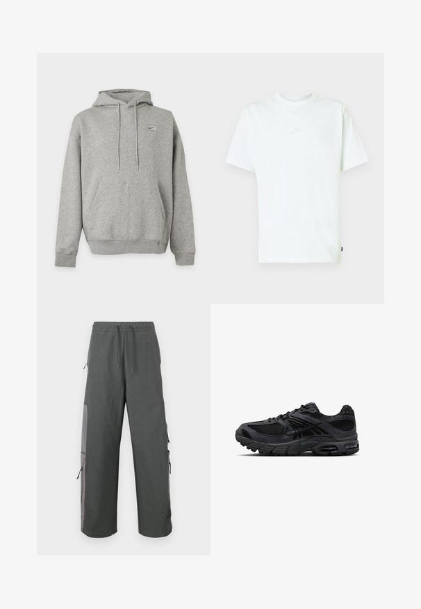 Ανοιχτόγκρι φούτερ Nike με τσέπη μπροστά, κουκούλα με κορδόνι και μικρό λογότυπο στο αριστερό στήθος σε μονόχρωμο φόντο.; Λευκή βαμβακερή μπλούζα με στρογγυλή λαιμόκοψη, κοντά μανίκια και μικρό ανάγλυφο λογότυπο Nike στο στήθος. Μαλακή υφή και άνετη εφαρμογή.; Σκούρο γκρι παντελόνι cargo με ελαστική μέση, κορδόνι, πλαϊνές τσέπες και λεπτομέρειες από δίχτυ, με ελεύθερη, άνετη εφαρμογή.; Μαύρο και σκούρο γκρι αθλητικό παπούτσι Nike με ύφασμα mesh, επενδύσεις από σουέντ, μαξιλαρωμένη σόλα και ορατές μονάδες αέρα στη φτέρνα και στο μπροστινό μέρος του ποδιού.