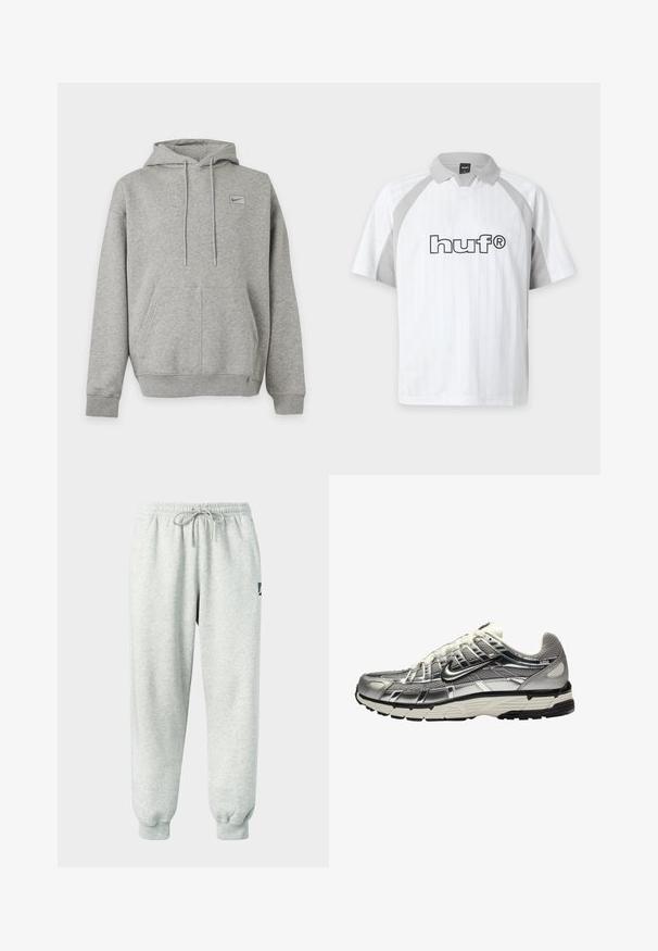 Lysegrå Nike hettegenser med frontlomme, snøring i hette og lite logo på venstre bryst mot ensfarget bakgrunn.; Hvit poloshirt med korte ermer, grå krage og sidepaneler, med svart "huf®" logo-tekst på midten foran.; Lysegrå joggebukser laget av mykt materiale med elastisk midjebånd, snøring og ribbestrikkede mansjetter; har en liten logo på siden.; Sølv og svart treningssko med overdel i mesh og syntetisk materiale, voluminøst design og teksturert finish. Har en polstret krage og gummisåle.