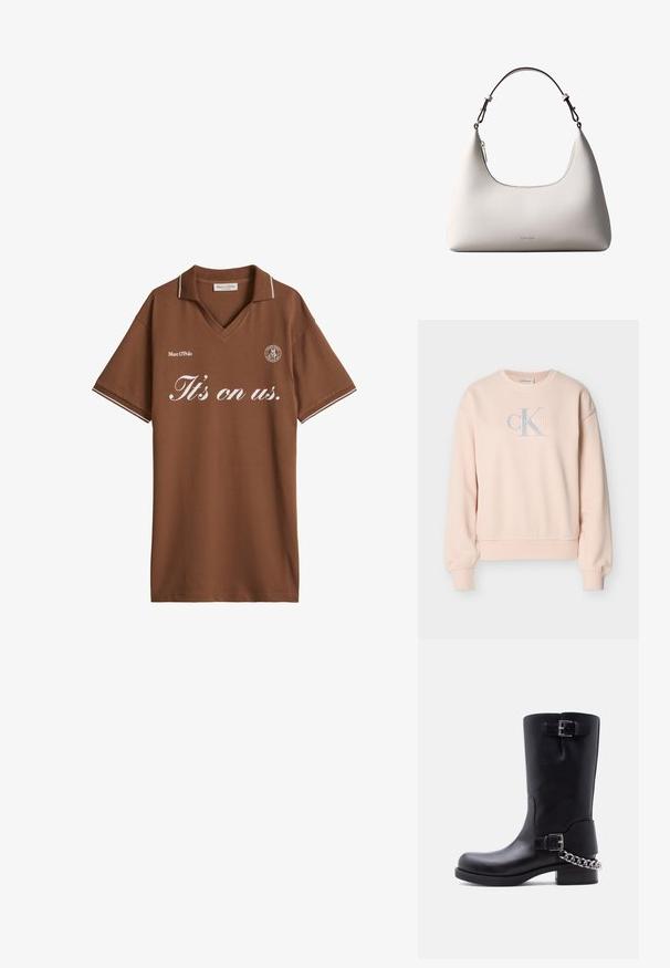 Ανοιχτό ροζ φούτερ Calvin Klein με μακριά μανίκια, στρογγυλή λαιμόκοψη, ριμπ μανσέτες και λογότυπο μπροστά με γράμματα σε ανοιχτό γκρι και λευκό.; Καφέ κοντομάνικη πόλο μπλούζα με λευκή λεπτομέρεια και λευκό κείμενο «It's on us.» και λογότυπα Marc O'Polo στο στήθος.; Μαύρο δερμάτινο μπότες μέσης γάμπας με δύο ασημένιες αγκράφες και λεπτομέρεια ασημένιας αλυσίδας που τυλίγεται γύρω από την φτέρνα σε χαμηλή φιάπα σόλα.; Τσάντα ώμου από δέρμα σε κρεμ απόχρωση Calvin Klein με καμπυλωτή κορυφή, ασημένιο φερμουάρ και σκουρό καφέ ρυθμιζόμενο λουρί.