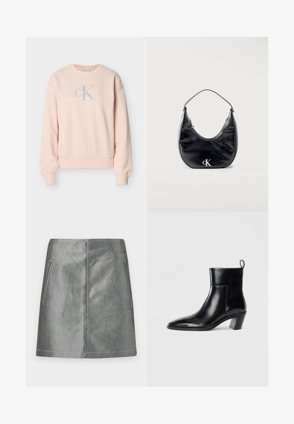 Lichtroze Calvin Klein sweatshirt met lange mouwen, ronde hals, geribde manchetten en voorop een logo in lichtgrijze en witte letters.; Zilveren denim minirok met een gladde textuur, voorzien van twee zijzakken en contrasterende stiksels. Eenvoudig, recht model zonder patronen.; Zwarte leren enkelboot met een spitse neus, een geometrische gestapelde hak en een trekband aan de achterkant. Gladde textuur en slank ontwerp.; Zwarte leren handtas in halvemaanvorm met korte riem en zilveren "cK" logo aan de voorkant, ritssluiting aan de bovenkant.
