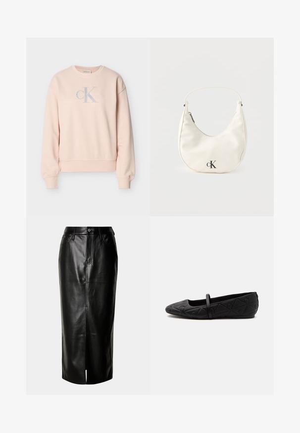 Sudadera rosa clara Calvin Klein con mangas largas, cuello redondo, puños acanalados y logo frontal en letras gris claro y blancas.; Falda midi de cuero negro con corte recto, abertura frontal y diseño clásico de cinco bolsillos con acentos de hardware metálico.; Zapato plano negro con punta redondeada, patrón geométrico en relieve y una sola tira fina en la parte superior, mostrado en perfil lateral.; Pequeño bolso blanco en forma de media luna con correa corta, cierre de cremallera y logo negro "cK" en el frente.