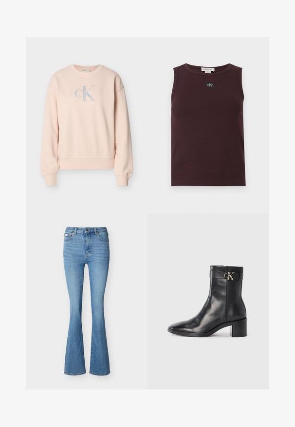 Sweatshirt Calvin Klein rose clair à manches longues, col rond, poignets côtelés et logo frontal en lettres grises claires et blanches.; Haut sans manches bordeaux en tissu côtelé, avec un patch logo noir, un col rond et une coupe ajustée. Texture lisse et finition soignée.; Jean en denim bleu clair taille haute avec une légère évasement en bas et un style à cinq poches standard.; Botte de cheville en cuir noir avec un bout pointu, un talon carré et une sangle avec un détail de logo métallique. Texture lisse et design minimaliste.