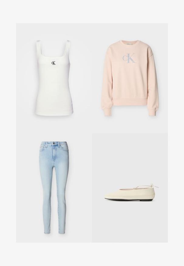 Lyserød Calvin Klein sweatshirt med lange ærmer, rund hals, ribstrikkede manchetter og frontlogo i lysegrå og hvide bogstaver.; Hvid bomulds tanktop med firkantet udskæring og smalle stropper. Har et lille sort broderet CK-logo på forsiden.; Lyseblå skinny jeans med højtaljede, frontknap og lynlåslukning, fem lommer og diskret falmning ned ad benene.; Cremefarvede flade sko med rund tå, ankelrem og kontrasterende sort gummisål. Glat materiale med minimal detaljer.