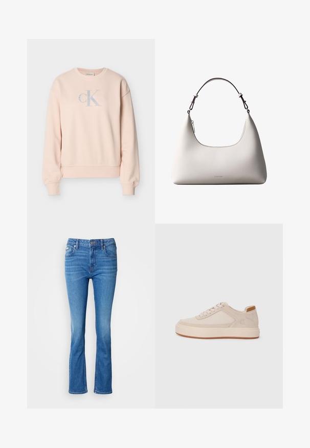 Lyserød Calvin Klein sweatshirt med lange ærmer, rund hals, ribstrikkede manchetter og frontlogo i lysegrå og hvide bogstaver.; Blå denim flared jeans med en mellemhøj talje, der har et klassisk fem-lomme design og en subtil affadet tekstur ved knæene.; Beige sneakers med en suede-finish, rund tå, flad gummisål, snørelse-design og en lille tan-accents på hælen med et logo.; Cremefarvet skuldertaske i læder fra Calvin Klein med buet topkant, sølvfarvet lynlås og mørkebrun justerbar rem.