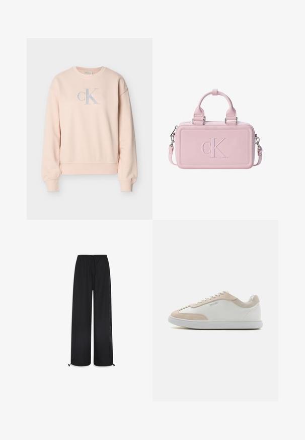 Svetloružová mikina Calvin Klein s dlhými rukávmi, okrúhlym výstrihom, rebrovanými manžetami a predným logom v svetlosivej a bielej farbe.; Čierne široké nohavice vyrobené z ľahkej tkaniny. Majú elastický pás so šnúrkou a nastaviteľné manžety na leme.; Biele kožené tenisky s béžovými semišovými akcentmi a bielymi šnúrkami. Majú okrúhlu špičku a mäkkú podrážku pre pohodlie.; Ružová svetlá obdĺžniková kabelka s krátkymi rukoväťami a odnímateľným pásikom, s vyrazeným veľkým logom "cK" na prednom paneli.