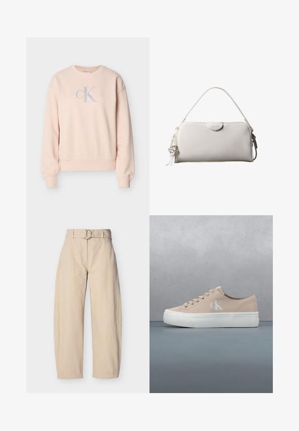Sweatshirt Calvin Klein rose clair à manches longues, col rond, poignets côtelés et logo frontal en lettres grises claires et blanches.; Pantalon beige à jambes larges en coton, doté d'une taille ceinturée avec une boucle ronde en métal, de poches latérales et d'une texture lisse.; Baskets en toile beige clair avec une semelle en caoutchouc blanche, dotées de lacets et d'un petit logo sur le côté. Surface texturée et design minimaliste.; Sac à main rectangulaire blanc Calvin Klein avec une seule poignée, design minimaliste et pampilles décoratives avec un charm métallique géométrique sur le côté.