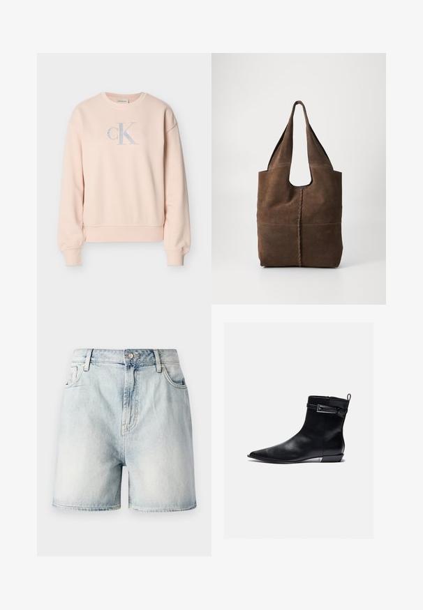 Vaaleanpunainen Calvin Klein -collegepaita, jossa pitkät hihat, pyöreä pääntie, resorit hihansuissa ja edessä vaaleanharmaalla ja valkoisella kirjaimilla oleva logo.; Vaaleansiniset farkkushortsit, joissa on nappikiinnitys, viisi taskua ja haalistunut pinta. Suora leikkaus klassisella designilla.; Mustat nahka nilkkurit, joissa on terävä kärki, litteä korko ja sivuvetoketju. Yksityiskohtana on solki ylhäällä lisätyylin vuoksi. Suora pinta.; Ruskea mokkanahkainen olkalaukku, jossa on roikkuva muotoilu, kaksi pitkää kahvaa, keskilinja ja raaka reuna.