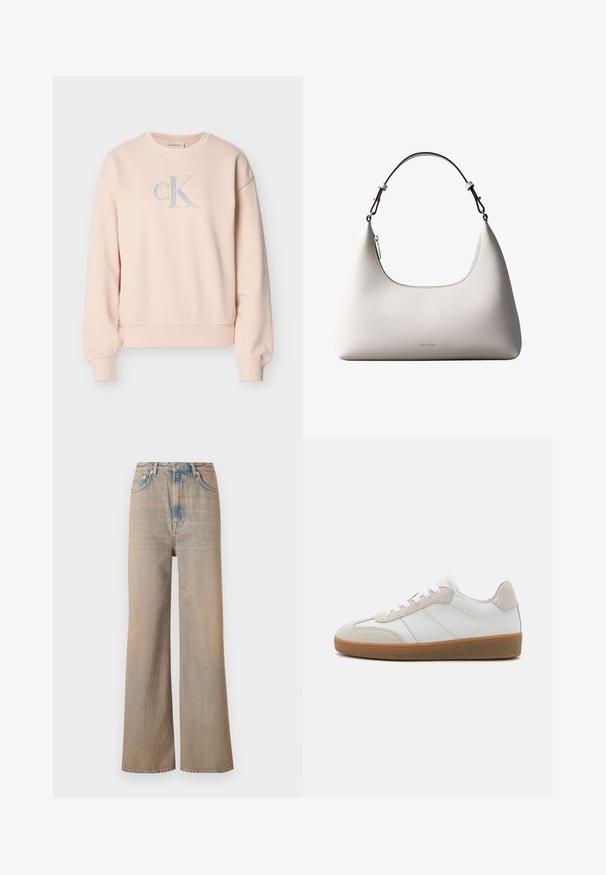 Lyserød Calvin Klein sweatshirt med lange ærmer, rund hals, ribstrikkede manchetter og frontlogo i lysegrå og hvide bogstaver.; Lyse vaskede, vide ben jeans med høj talje, lavet af denim. Har diskret syninger og fem lommer, med en let falmet tekstur.; Hvide lædersneakers med beige ruskindsdetaljer, struktureret tunge og gummisål. Har hvide snørebånd og diskrete stikninger.; Cremefarvet skuldertaske i læder fra Calvin Klein med buet topkant, sølvfarvet lynlås og mørkebrun justerbar rem.