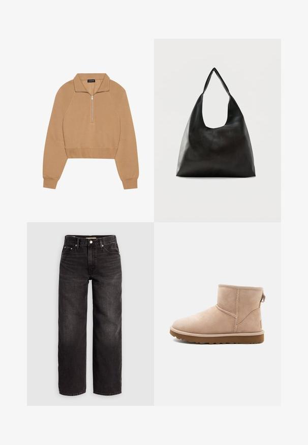 Even&Odd Mikina - tan; Levi's® BAGGY DAD - Džínsy baggy - shrink up; Béžové z semišu členkové topánky s okrúhlou špičkou, prešívanými detailmi a textúrovanou hnedou gumovou podrážkou. Obsahujú pútko na zadnej strane.; Čierna hladká kožená kabelka na rameno s širokým, jediným remienkom a ležérnym, minimalistickým dizajnom na jednoduchom pozadí.