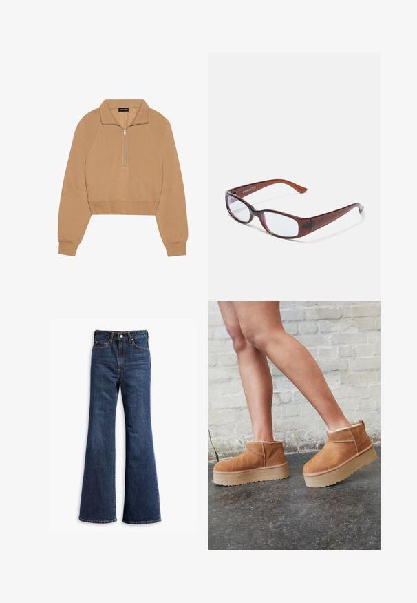 Even&Odd Sweatshirt - tan; Højtaljede mørkeblå denim jeans med udvidede ben, frontknap og lynlås lukning, samt fem-lommer design.; Brune ruskinds ankelsko med en blød foring, tyk beige plattformsål og en bageste løkke. Tekstureret overflade med synlige sømdetaljer.; Brune-farvede rektangulære briller med en glat overflade, der har slanke arme og gennemsigtige linser. Logoet er synligt på venstre temple.