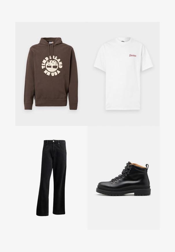 Bruine hoodie met voorzakken, verstelbare trekkoordcapuchon en wit Timberland NH USA-logo met boomgrafiek op de borst.; Witte katoenen T-shirt met korte mouwen. Heeft een rood tekstlogo "Dickies" op het linkerborstgebied, een ronde halslijn en een standaard pasvorm.; Zwarte denim jeans met een recht gesneden ontwerp, voorzien van voorzakken, een knoopsluiting en een lichte textuur. Inclusief een subtiele logo-detail.; Zign LEATHER - Veterboots - black