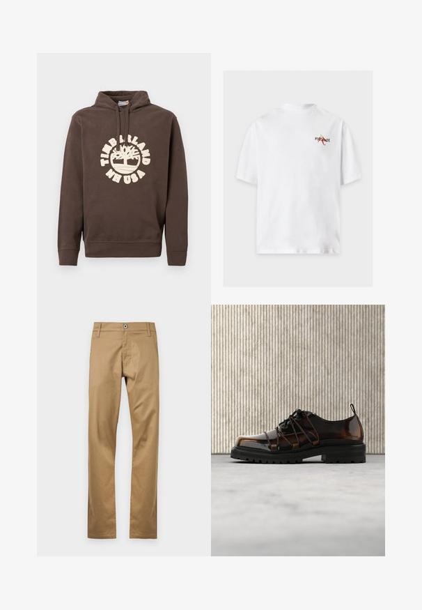 Pruun kapuutsiga särk eespooltaskutega, reguleeritava paelaga kapuuts ja valge Timberlandi NH USA logo puu graafikaga rinnal.; Valge lühikeste varrukatega T-särk väikese "PICANTE" logoga ja punase tšillipipra kujundusega ülaosas vasakul rinnal.; Kohanest värvist puuvillased püksid otse jalga lõikega, millel on eesnupu sulgur, vöö kaudu aasad ja küljetaskud. Sile tekstuur.; Läikiv pruun nahast king paksu musta tallaga ja unikaalse paelumisega, asetatud beežile vaibale ümara oranži mööbli lähedal.