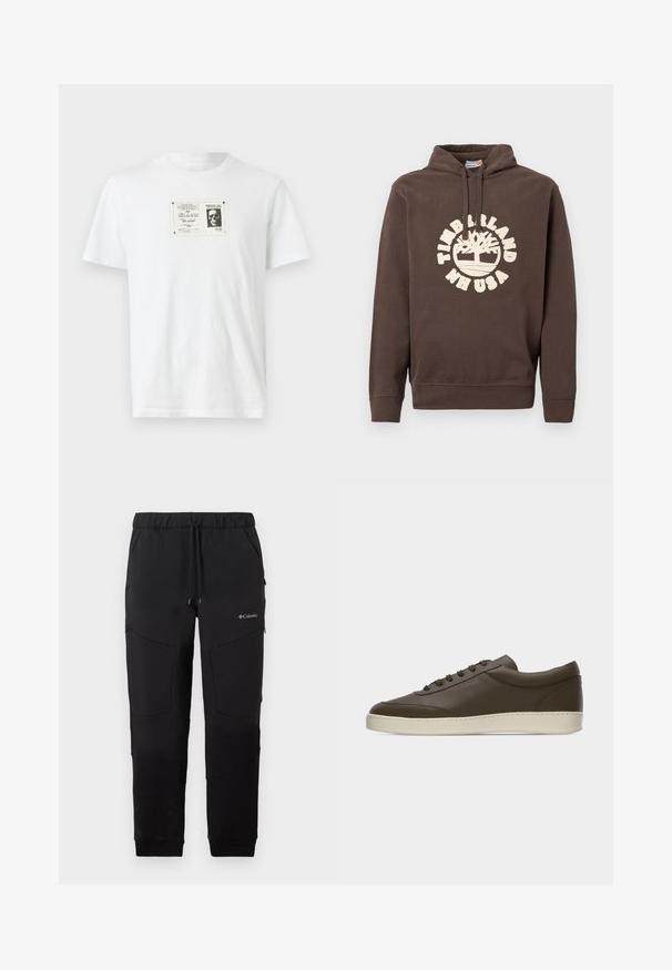 Hoodie marron avec poches devant, capuche ajustable avec cordon de serrage, et logo Timberland NH USA en blanc avec un graphique d'arbre sur la poitrine.; T-shirt en coton blanc avec une impression graphique en noir et blanc d'un crâne dans un cadre rectangulaire sur le devant. Manches courtes, col rond.; Pantalon de jogging noir de la marque Columbia avec taille à cordon de serrage, poches latérales zippées et détails de panneau au niveau des genoux, présenté sur un fond blanc.; Baskets basses en cuir marron foncé avec lacets sur le devant et semelle en caoutchouc couleur crème, vues de côté extérieur sur fond blanc.
