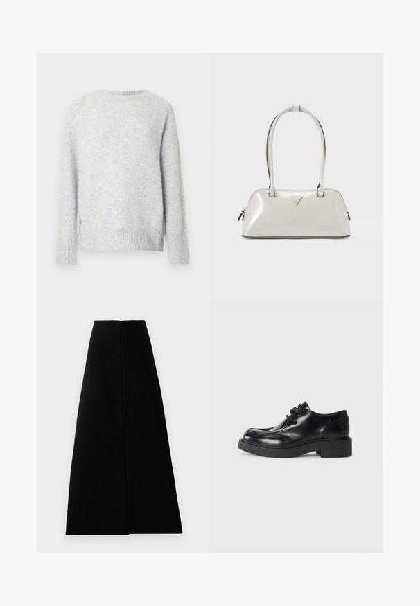Lyseblå, tekstureret sweater med rund halsudskæring, lange ærmer og ribbet talje. Har et blødt, let fnugget udseende.; Sort uldskørt med en struktureret design, der har en glat overflade og rene linjer. Mellemlangt, A-formet snit uden synlige lukninger.; Sorte læder oxford sko med rund tå, snørebåndsdesign og en tykk sort gummisål. Glat tekstur og minimale syninger.; Skinnende lysegrå håndtaske med rund form, dobbelthåndtag og et trekantet logo. Har lynlåslukning og metalaccenter.
