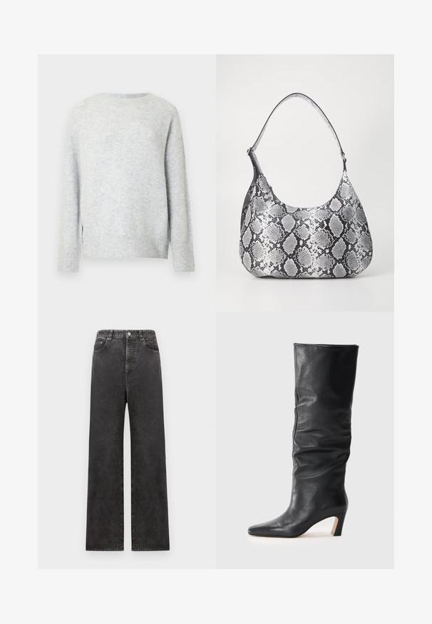 Hellblauer, strukturierter Pullover mit rundem Ausschnitt, langen Ärmeln und geripptem Bund. Er zeichnet sich durch ein weiches, leicht flauschiges Aussehen aus.; Schwarzweisse Denim-Hose mit weitem Bein und hoher Taille, ausgestattet mit Fronttaschen, einem Knopfverschluss und einer leicht verblassten Textur.; Schwarze Lederstiefelette mit Absatz bis zur Mitte der Wade, leicht schlaffem Schaft und spitzem Fuß auf hellem Hintergrund.; Schultertasche im schwarz-weißen Schlangenprint mit runder Form, glatter Textur und gebogenem Tragegurt. Mit einem silbernen Hardware-Akzent.