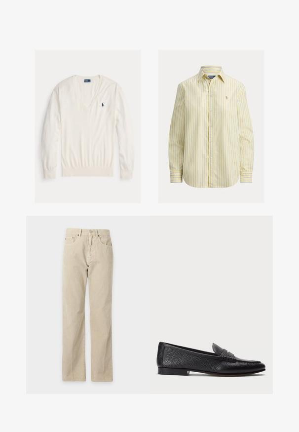 Hvid langærmet V-hals sweater med ribmanchetter og kant, med en lille navyblå Ralph Lauren polo spiller logo på venstre bryst.; Gul stribet skjorte med knapper, der har blå striber, lange ærmer, krave og et lille broderet logo på venstre bryst.; Beige manchesterbukser med lige ben, forlommer, bæltestropper og lukning med knap, vist på en ensfarvet baggrund.; Sorte læder loafers med struktureret finish, der har en dekorativ rem og flad hæl. Slank, minimalistisk design med rund tå.