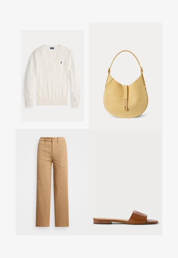 Hvid langærmet V-hals sweater med ribmanchetter og kant, med en lille navyblå Ralph Lauren polo spiller logo på venstre bryst.; Beige bomuldsbukser med lige ben, der har en knaplukning, forlommer og synlige stikninger.; Brune læder slide sandal med en bred rem og præget detaljering, flad sål med en let træaccent på hælen, minimalistisk design.; Blød gul læderhåndtaske formet som en halvmåne med enkelt strop og frontklap med lille præget hestelogo.