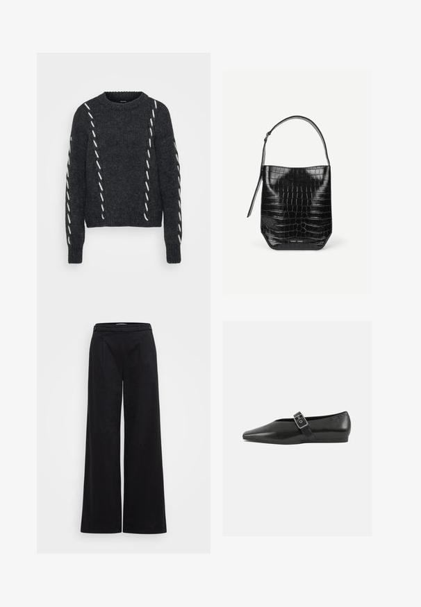 Sweater gris foncé en maille texturée, présentant des coutures diagonales blanches sur le corps et les manches. Col rond avec des bords côtes aux poignets et à l'ourlet.; Pantalons larges noirs avec une texture lisse, dotés de plis sur les côtés, d'une taille ajustée et de deux boutons à l'avant.; Chaussure plate en cuir noir avec un orteil pointu, présentant une sangle à boucle métallique sur le cou-de-pied et une semelle basse et flexible.; Sac seau en cuir embossé noir façon croco avec une seule bandoulière et un petit logo argenté de la marque au centre en bas à l'avant.