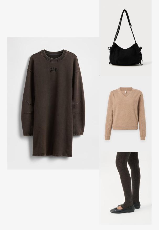 Pull beige côtelé avec un col en V, manches longues et poignets ajustés. Texture douce avec une coupe légèrement ample et un ourlet droit.; Robe sweat-shirt oversize marron en matière douce, avec un col rond et un logo "GAP" brodé sur la poitrine.; Jambes portant des leggings côtelés foncés associés à des ballerines noires avec de petits détails en nœud sur fond blanc.; Sac à épaule en velours côtelé noir avec une forme courbée, bandoulière réglable et fermetures à cordon des deux côtés pour un ajustement de taille.