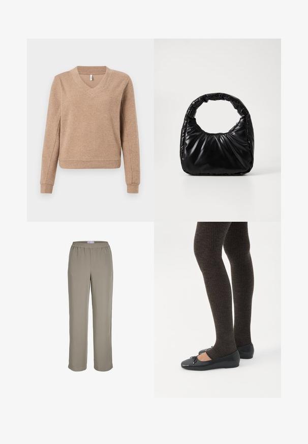 Pull beige côtelé avec un col en V, manches longues et poignets ajustés. Texture douce avec une coupe légèrement ample et un ourlet droit.; Pantalon marron clair à jambes droites avec ceinture élastique, sans poches visibles ni ornements, présenté sur fond blanc.; Jambes portant des leggings côtelés foncés associés à des ballerines noires avec de petits détails en nœud sur fond blanc.; Sac à main noir rembourré avec une poignée arrondie, présentant une surface lisse et brillante ainsi qu'une texture douce et matelassée. Pas de quincaillerie ou d'accents visibles.
