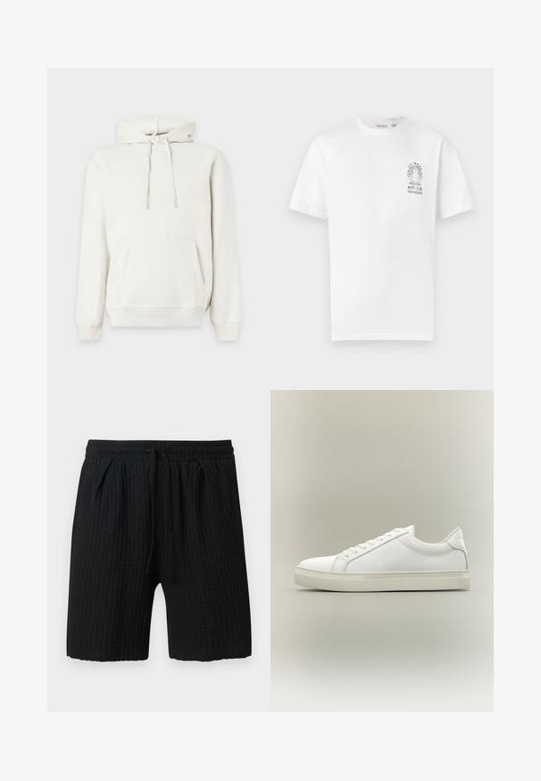 Sweat à capuche blanc avec poche frontale et cordons, présentant un logo GAP en relief subtil sur la poitrine.; T-shirt blanc à manches courtes avec un petit motif de champignon entouré de symboles célestes et de texte japonais sur la poitrine gauche.; Short noir texturé avec taille élastique et cordon, muni de deux poches latérales et d'une coupe mi-cuisse.; Baskets blanches basses à lacets sur l’avant et semelle épaisse, vues de côté sur un fond neutre.