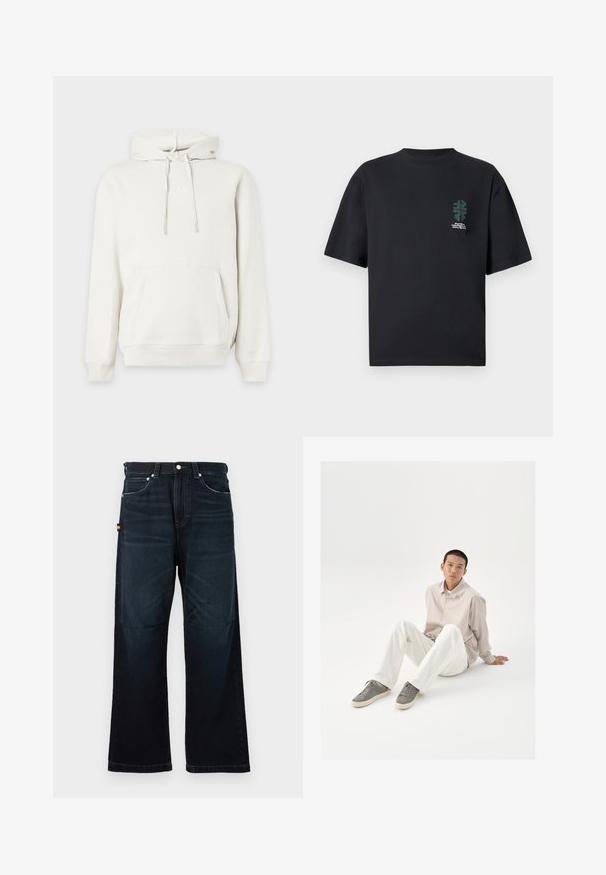 Witte hoodie met voorzak en koordjes, met een subtiel reliëflogo van GAP op de borst.; Zwart T-shirt met korte mouwen, met een kleine groene abstracte bladgrafiek en witte tekst op de linkerbovenkant.; Donkerblauwe broek met rechte pijpen, klassieke vijf-pocket ontwerp, riemlussen en subtiele vervaging bij de voorkant en knieën.; Beige overhemd met knopen, witte broek en grijze sneakers. Het overhemd heeft een losse pasvorm, en de sneakers hebben een textuurovervlak en vetersluiting.