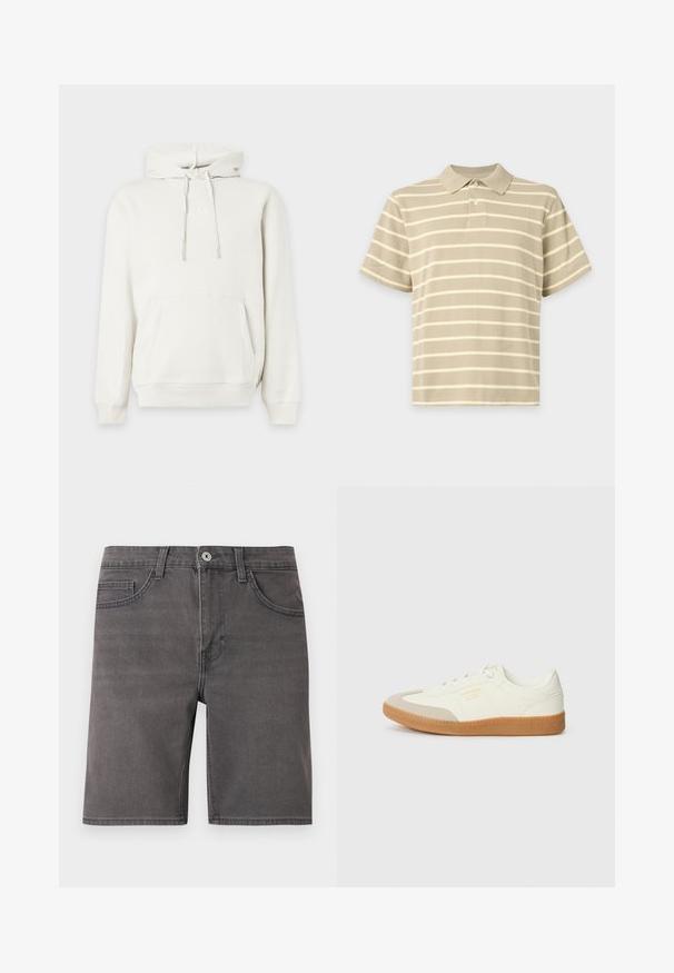 Sweat à capuche blanc avec poche frontale et cordons, présentant un logo GAP en relief subtil sur la poitrine.; Polo beige à manches courtes avec des rayures horizontales blanches et deux boutons sur la patte de boutonnage avant.; Short en denim gris avec bouton devant, fermeture éclair, passants de ceinture et deux poches avant, présenté sur un fond blanc uni.; Baskets en cuir blanc avec une coque beige et une semelle en caoutchouc marron clair. Dotées de lacets blancs plats et d'un logo embossé sur le côté.