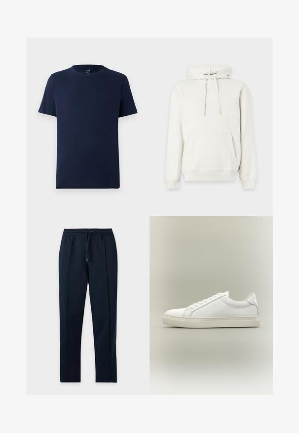 Sweat à capuche blanc avec poche frontale et cordons, présentant un logo GAP en relief subtil sur la poitrine.; T-shirt en coton bleu marine à manches courtes et col rond, avec un petit logo GAP imprimé à l'intérieur du col.; Pantalon bleu marine slim-fit avec taille élastique et cordon, avec coutures avant et poches latérales.; Baskets blanches basses à lacets sur l’avant et semelle épaisse, vues de côté sur un fond neutre.
