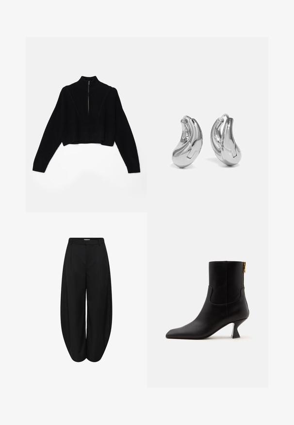 Pull en tricot noir court avec un col haut, des manches longues et une fermeture éclair à l'avant. Côtelage texturé sur l'ensemble du tissu.; Pantalons courts larges noirs à taille haute avec plis sur le devant, dotés de passants pour ceinture et d'une fermeture invisible à l'avant.; Bottine en cuir noir avec bout pointu, talon moyen courbé et fermeture éclair dorée à l'arrière sur fond blanc uni.; Boucles d'oreilles en argent en forme de créoles avec une finition incurvée et brillante, et un design sans couture. Équipées d'une fermeture à charnière pour un port sécurisé.