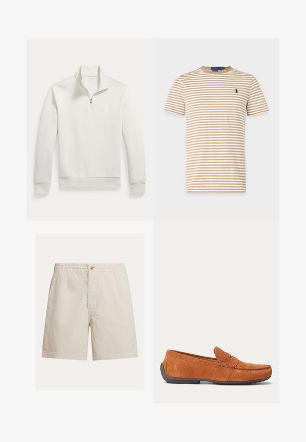 Hvid langærmet pullover med kvart lynlås og opretstående krave, med en lille broderet logo på venstre bryst.; Beige og hvide stribet T-shirt med korte ærmer og rund halsudskæring med lille mørkt broderet logo på venstre bryst.; Lysebeige shorts til mænd lavet af en bomuldsblanding, med elastisk taljebånd, knaplukning og et enkelt logo nær kanten.; Brun herre loafer i ruskind med syningdetaljer, en penny-lomme på overdelen og en mørk gummisål.
