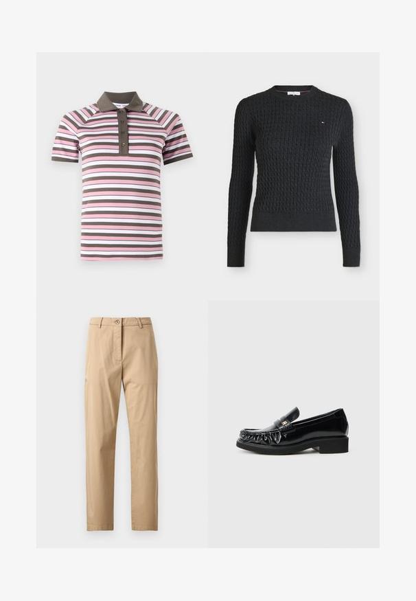 Schwarzer Pullover mit Zopfmuster, langen Ärmeln, Rundhalsausschnitt und kleinem Logo auf der oberen linken Brust, mit gerippten Bündchen und Saum.; Poloshirt mit kurzen Ärmeln in pinken, weißen und braunen horizontalen Streifen, braunem Kragen und Knopfleiste.; Beige Chinos mit glatter Textur, geradem Schnitt, Bund mit Knopfverschluss und Fronttaschen. Minimalistisches Design, keine sichtbaren Muster.; Schwarze Lacklederschuhe mit dekorativem gerafftem Rand, flacher Gummisohle und einem kleinen metallischen Logoschmuck auf dem Riemen.