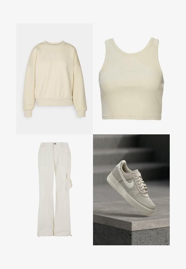 Beige sweatshirt med rund halsudskæring, dropped skuldre og elastisk talje. Har hvidt broderet tekst på brystet. Blød tekstur.; Korte tanktop i blød creamfarvet stof, med ribbet tekstur og et diskret broderet logo på forsiden. Minimalistisk design.; Beige cargo bukser lavet af et let materiale, med en sidelomme, lige ben design og justerbare snorekanter.; Beige Nike Air Force 1-sneaker svævende over en betonrækværk med slørede grå trapper i baggrunden.
