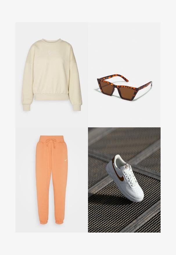 Beiger Pullover mit Rundhalsausschnitt, überschnittenen Schultern und elastischem Bund. Mit weißem, gesticktem Text auf der Brust. Weicher Stoff.; Nike Sportswear W PHNX FLC HR OS - Jogginghose - amber brown/sail; Weißer Ledersneaker mit Perforationen, braunem Nike-Swoosh und Schnürsenkeln. Verfügt über eine strukturierte Sohle und gepolsterten Kragen.; Braungetönte Sonnenbrille mit Schildpattmuster, eckigem Rahmen und schlanken Bügeln. Hergestellt aus leichtem Kunststoffmaterial.