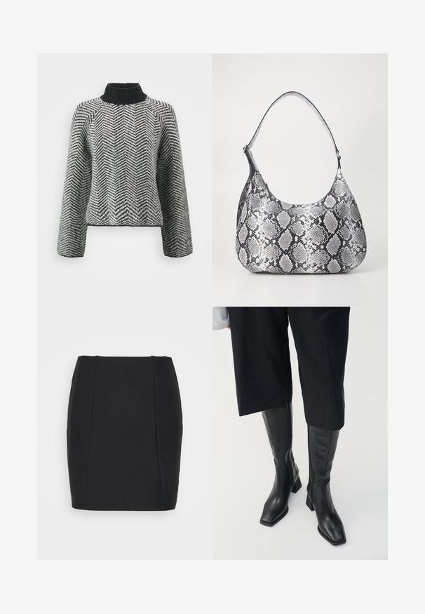 Gebreide trui met een zwarte hoge hals, voorzien van een visgraatpatroon in zwart en wit. Korte pasvorm met lange mouwen.; Noisy May NMKARLIE A-SHAPE TWILL - Minirok - black; Zwarte leren kniehoge laarzen met een vierkante teen en een blokhak. Heeft een ritssluiting aan de zijkant en een gladde textuur.; Zwart-witte slangenprint schoudertas met een afgeronde vorm, een gladde textuur en een ronde strap. Voorzien van een zilveren hardwareaccent.