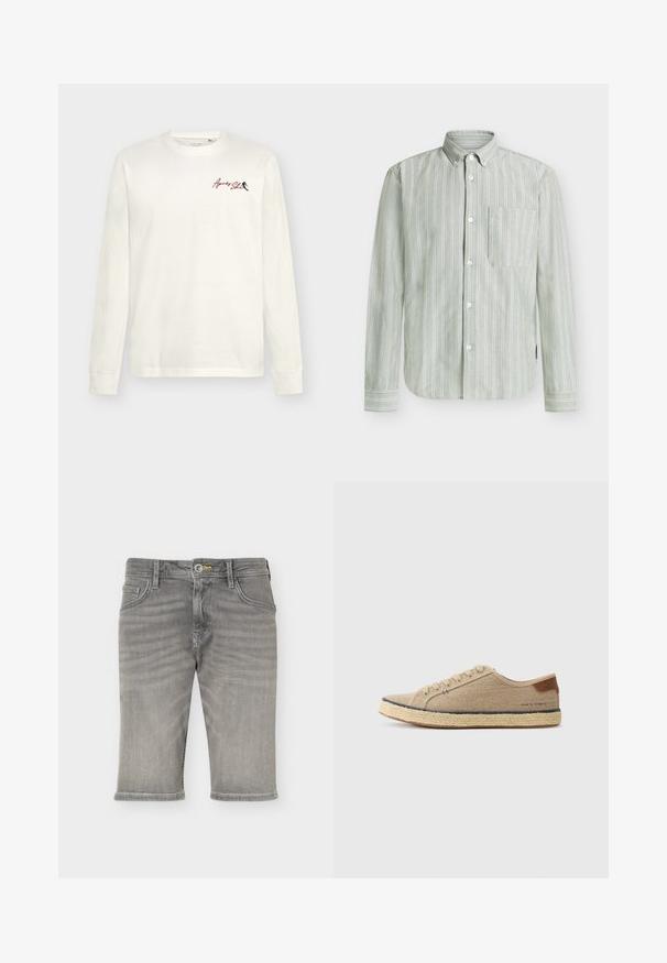 T-shirt à manches longues blanc en coton avec un petit graphisme rouge et bleu sur la partie gauche de la poitrine. Texture douce avec une coupe classique.; Chemise boutonnée verte rayée en tissu léger, dotée d'une poche poitrine unique et de rayures blanches verticales avec des poignets à boutons.; Short en jean gris longueur genou avec fermeture bouton et zip, poches avant et arrière, et passants de ceinture.; Baskets en toile beige avec un bout arrondi, semelle en jute, accent en cuir marron au talon et couture ton sur ton sur le côté.