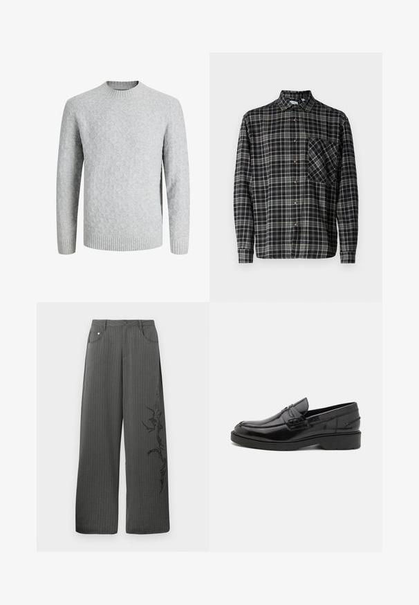Helehall helepitsist kampsun rombimustriga, soonikkoes ümarsäärega krae, mansetid ja serv, pikad varrukad, sobilik külmaks ilmaks.; Only & Sons Lumberjack ONSARCHER Lumberjack - Pluus - black; Laialõhikuga, tumesinistes triibulistes pükstes on ees taskud ja must dekoratiivprint vasakul küljel.; Mustad mustad nahast loaferid, millel on sile viimistlus, ümar varvas, madal konts ja dekoratiivne õmblus esiküljel. Kummist välistald, mis tagab haarde.