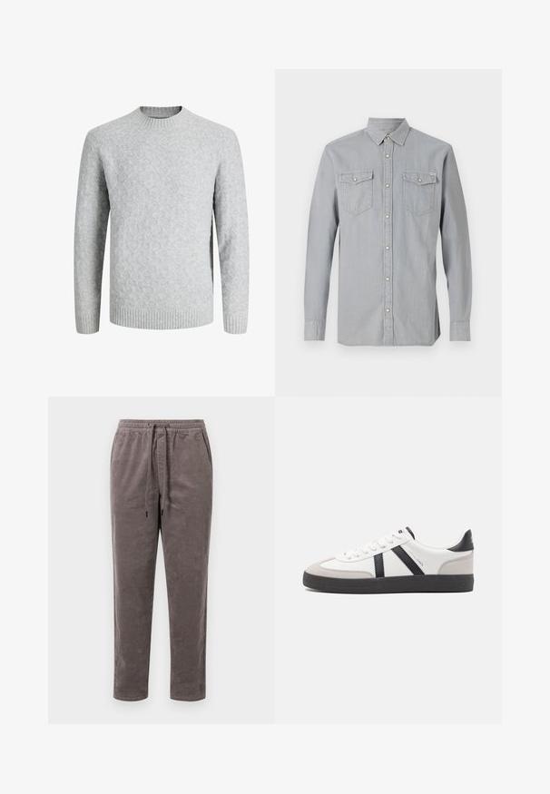 Pull gris clair en maille avec motif losange, col rond, poignets et ourlet côtelés, manches longues, adapté par temps froid.; Chemise en jean gris clair à manches longues, boutonnée sur le devant, avec deux poches poitrine à rabats et boutons, et un col pointu.; Pantalons en velours côtelé couleur taupe douce, avec une taille élastique munie d'un cordon de serrage et des jambes fuselées avec une texture côtelée verticale.; Baskets blanches avec des accents noirs et gris, présentant un embout texturé gris, une semelle en caoutchouc noir et des lacets plats blancs. Design épuré, style minimaliste.